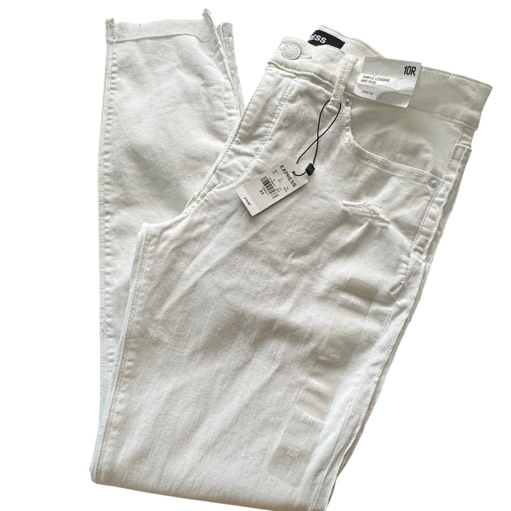 Express Ankle Legging Jeans 10R White NWT Mid Rise Stretch Raw Hem Distressed